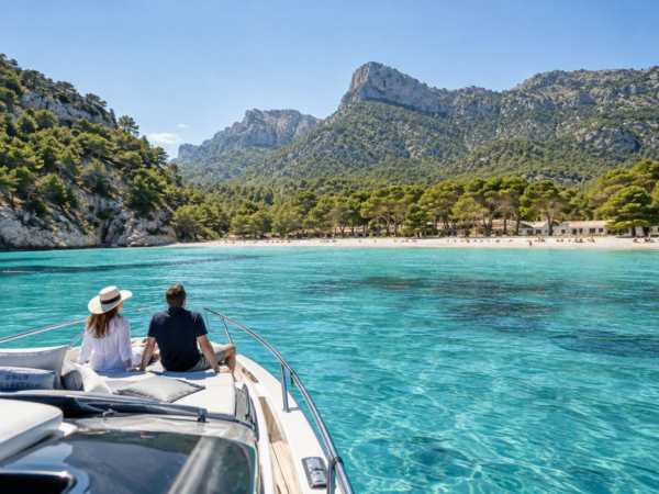 Boot nähert sich der Küste von Formentor über klarem Wasser