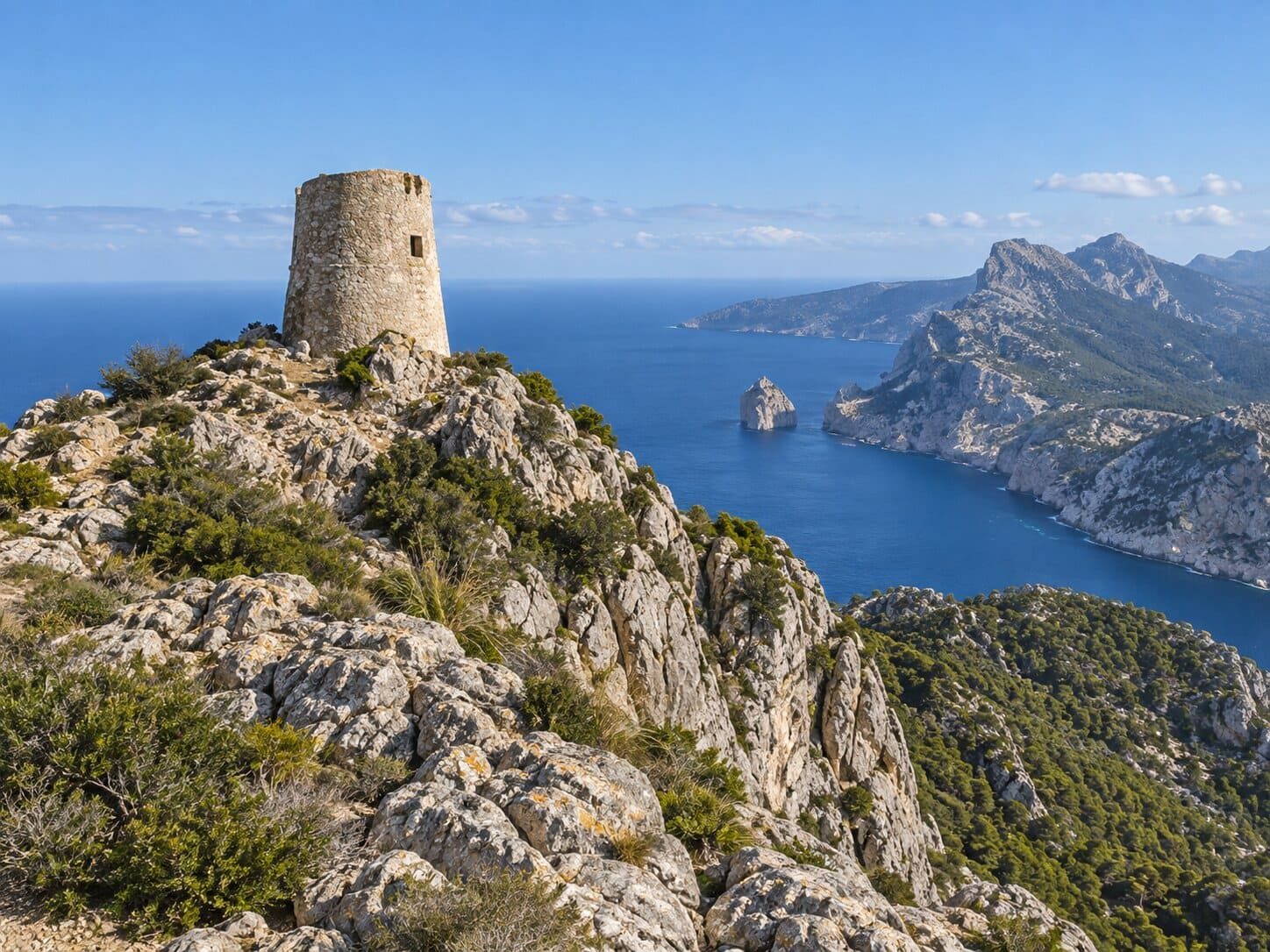 Hiker on a coastal path in the Serra de Tramuntana, north Mallorca
