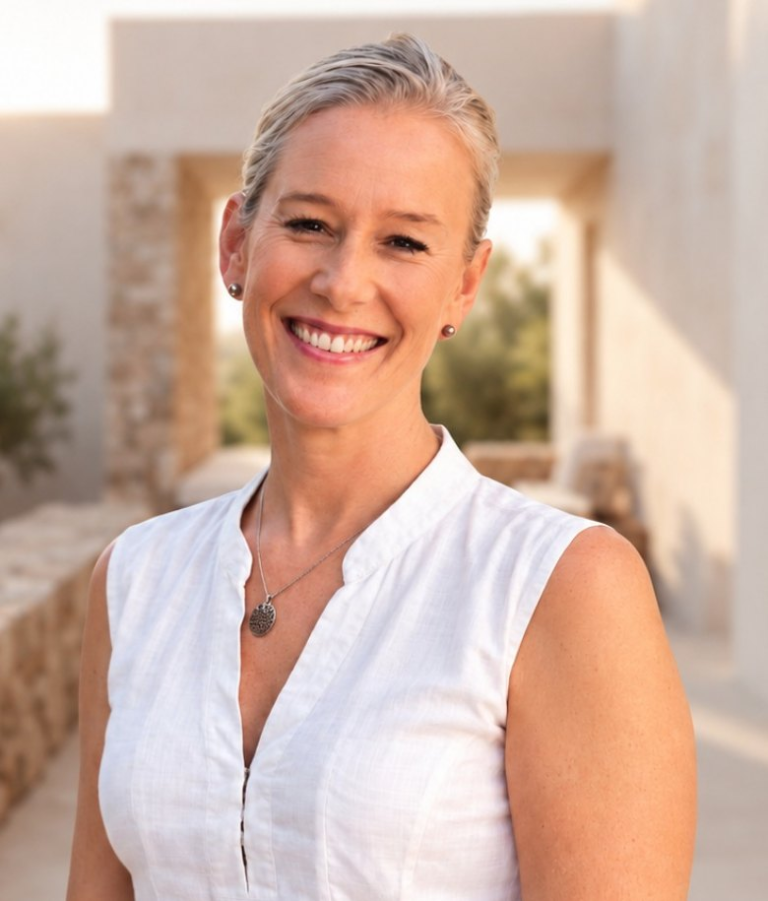 Iris, the host behind Pollensina, smiling on a sunlit terrace in Pollensa, Mallorca