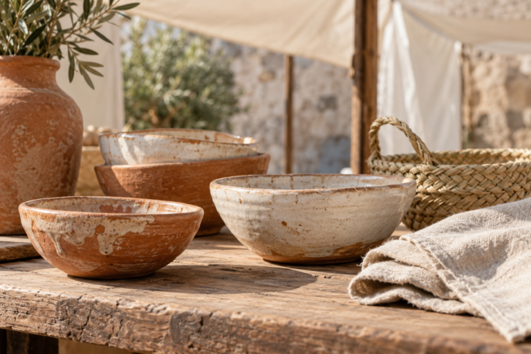 AI-generated illustration of ceramic bowls, a woven basket and linen on a wooden stall