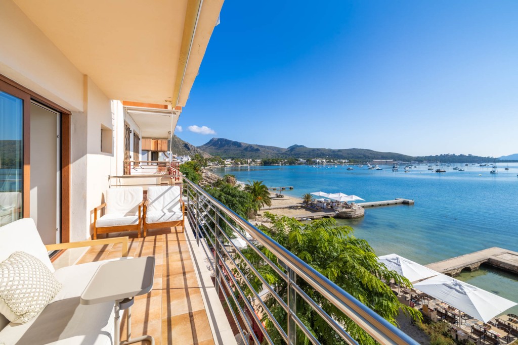 View over Port de Pollença bay from a balcony beside the Pine Walk