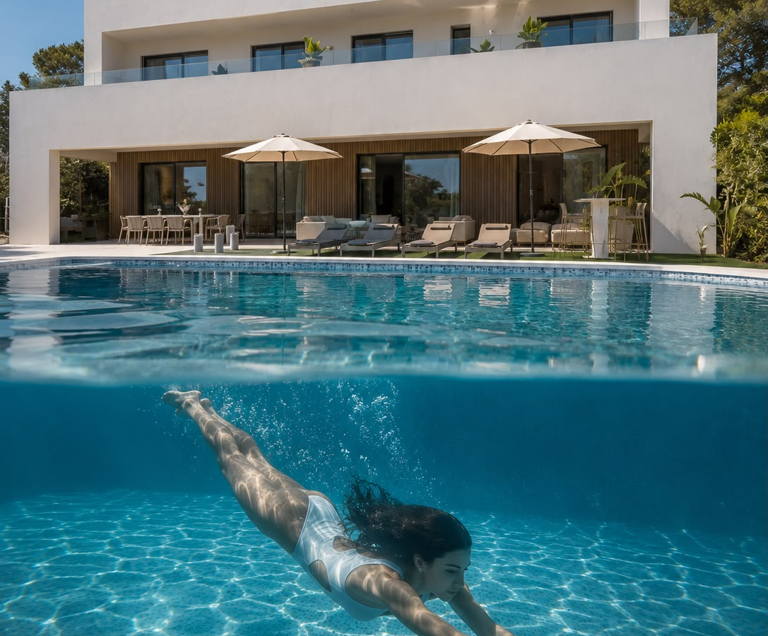 Woman swimming underwater in a private villa pool on a sunny day in Pollensa, Mallorca